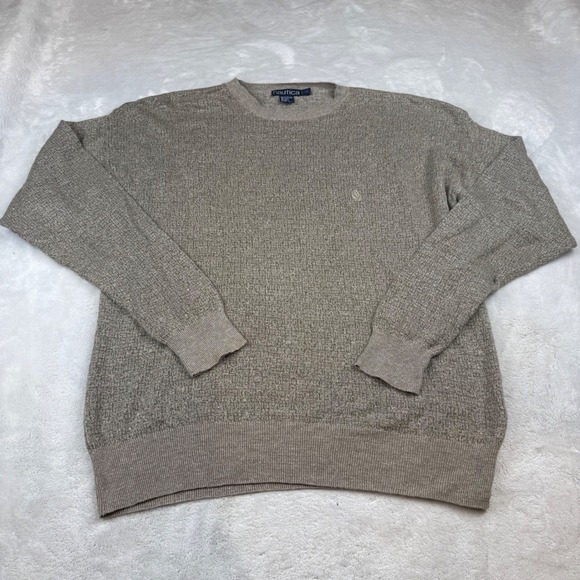 Nautica Mens Crew Neck Sweater Textured Knit Linen Cotton Beige L/G - Picture 1 of 5